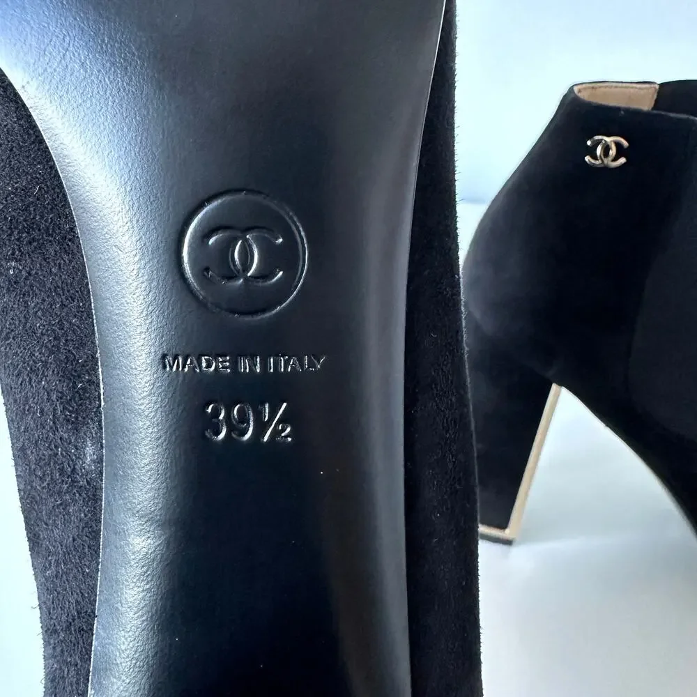 CHANEL Black Suede Gold Logo Chelsea Heel Ankle Boots IT 39.5